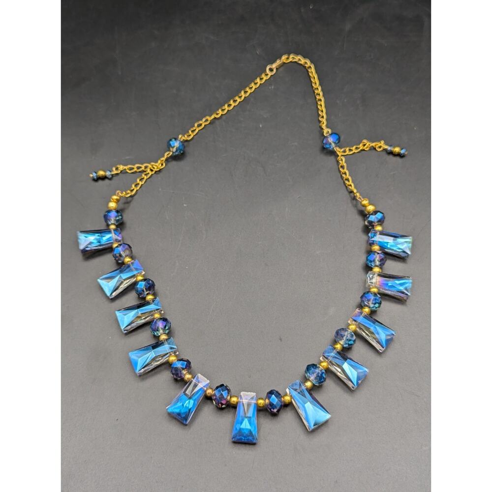 Gold Tone Crystal Aurora Borealis Statement Necklace Blue Purple Iridescent Read - Picture 7 of 12